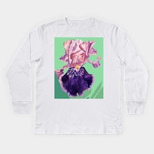 Iris Watercolor Painting - Glorious Purple on Mint Green Kids Long Sleeve T-Shirt